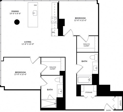 Floor plan for 2 beds, 2 baths, 1200 sqft